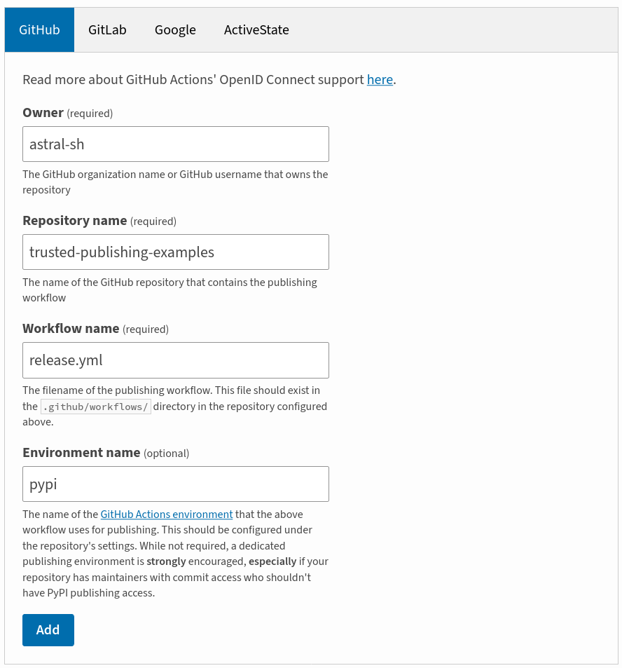 PyPI project publishing settings dialog showing how to set all fields for a trusted publisher configuration